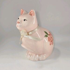 pink ceramic cat vintage  hand-painted floral ribbon bow Summit Collection
